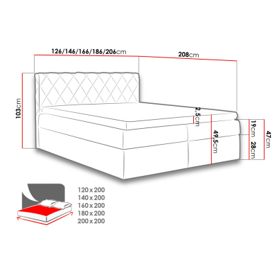 Boxspringová manželská postel 200x200 PABLA - červená + topper ZDARMA