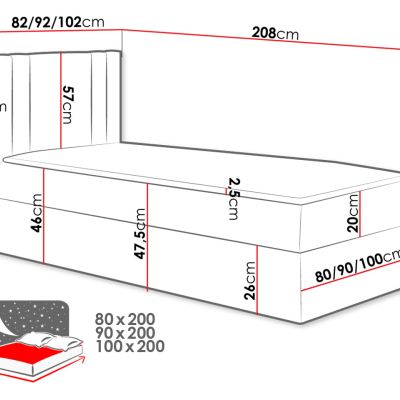 Americká jednolůžková postel 80x200 VITORIA MINI - červená ekokůže, levé provedení + topper ZDARMA