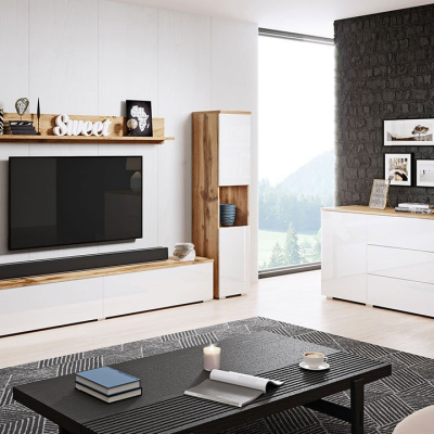 Nábytek do obývacího pokoje s LED osvětlením ROSARIO XL - dub wotan / lesklý bílý