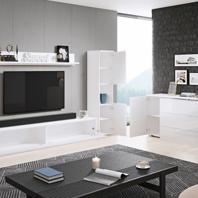Nábytek do obývacího pokoje s LED osvětlením ROSARIO XL - dub wotan / lesklý bílý