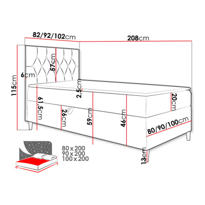 Boxspringová jednolůžková postel 100x200 PORFIRO 1 - bílá ekokůže / červená, levé provedení + topper ZDARMA