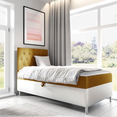 Boxspringová jednolůžková postel 90x200 PORFIRO 1 - bílá ekokůže / žlutá, levé provedení + topper ZDARMA