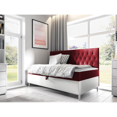 Boxspringová jednolůžková postel 90x200 PORFIRO 2 - bílá ekokůže / červená + topper ZDARMA