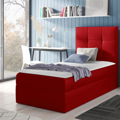 Hotelová jednolůžková postel 80x200 ROSALINDE - červená ekokůže, levé provedení + topper ZDARMA