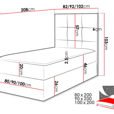 Hotelová jednolůžková postel 90x200 ROSALINDE - šedá ekokůže, levé provedení + topper ZDARMA