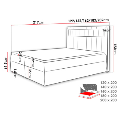 Americká dvoulůžková postel 140x200 RODRIGO - červená ekokůže + topper a LED osvětlení ZDARMA