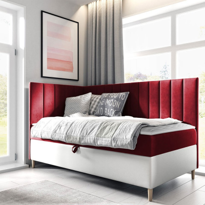 Boxspringová jednolůžková postel 90x200 ROCIO 3 - bílá ekokůže / červená, levé provedení + topper ZDARMA