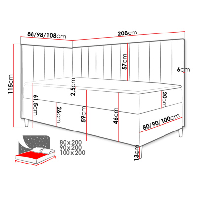 Boxspringová jednolůžková postel 90x200 ROCIO 3 - bílá ekokůže / červená, levé provedení + topper ZDARMA