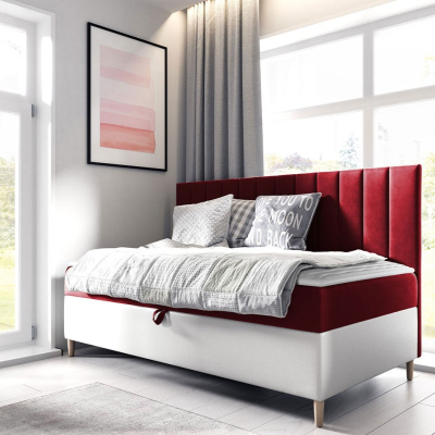 Kontinentální jednolůžková postel 90x200 ROCIO 2 - bílá ekokůže / červená + topper ZDARMA