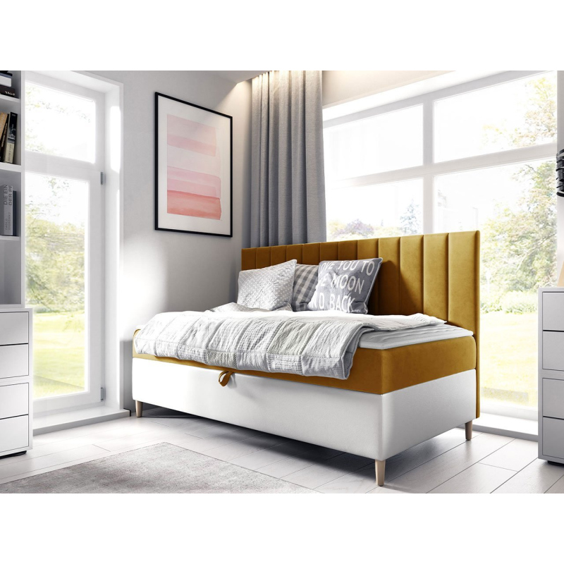 Kontinentální jednolůžková postel 90x200 ROCIO 2 - bílá ekokůže / žlutá + topper ZDARMA