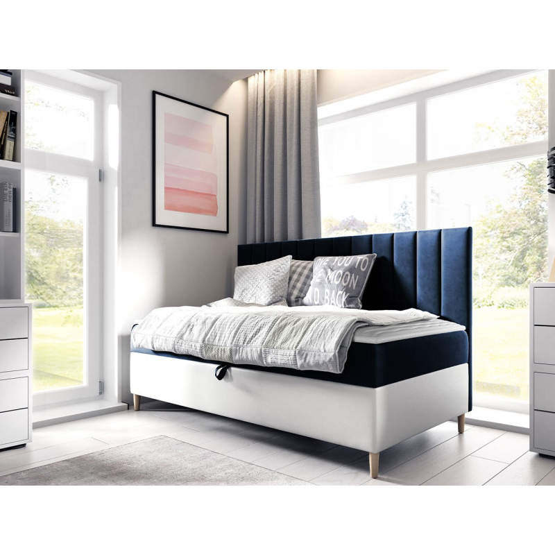 Kontinentální jednolůžková postel 90x200 ROCIO 2 - bílá ekokůže / modrá 1 + topper ZDARMA