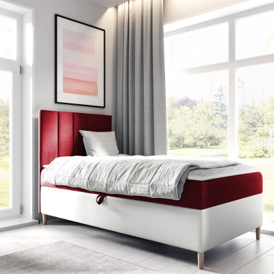 Hotelová jednolůžková postel 90x200 ROCIO 1 - bílá ekokůže / červená, levé provedení + topper ZDARMA