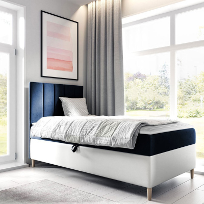Hotelová jednolůžková postel 90x200 ROCIO 1 - bílá ekokůže / modrá 1, levé provedení + topper ZDARMA