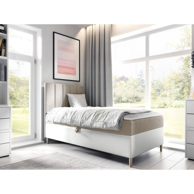 Hotelová jednolůžková postel 90x200 ROCIO 1 - bílá ekokůže / béžová, levé provedení + topper ZDARMA