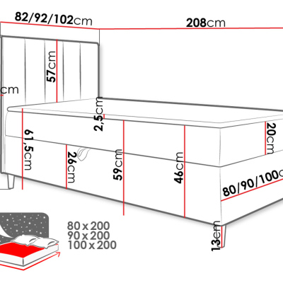 Hotelová jednolůžková postel 90x200 ROCIO 1 - bílá ekokůže / červená, levé provedení + topper ZDARMA