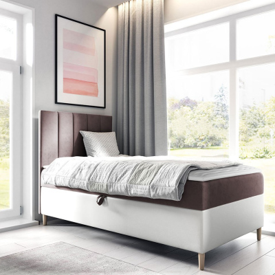 Hotelová jednolůžková postel 80x200 ROCIO 1 - bílá ekokůže / hnědá 2, levé provedení + topper ZDARMA