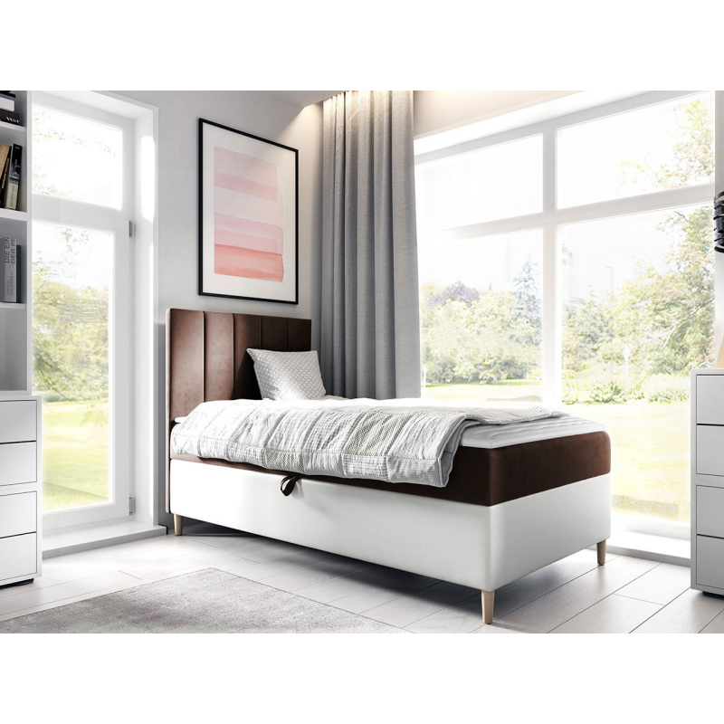 Hotelová jednolůžková postel 80x200 ROCIO 1 - bílá ekokůže / hnědá 1, levé provedení + topper ZDARMA
