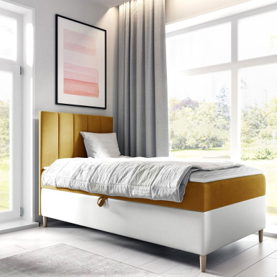 Hotelová jednolůžková postel 80x200 ROCIO 1 - bílá ekokůže / žlutá, levé provedení + topper ZDARMA