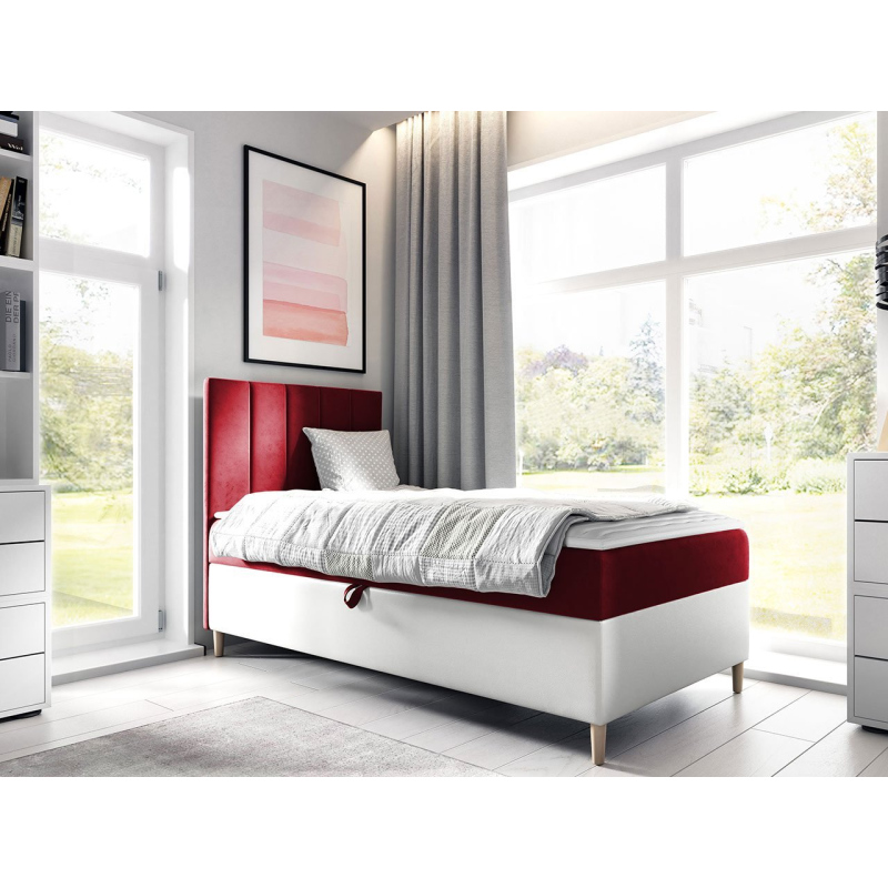 Hotelová jednolůžková postel 100x200 ROCIO 1 - bílá ekokůže / červená, levé provedení + topper ZDARMA