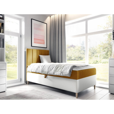 Hotelová jednolůžková postel 100x200 ROCIO 1 - bílá ekokůže / žlutá, levé provedení + topper ZDARMA