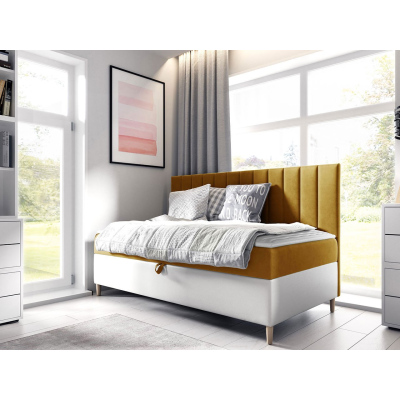 Kontinentální jednolůžková postel 80x200 ROCIO 2 - bílá ekokůže / žlutá + topper ZDARMA