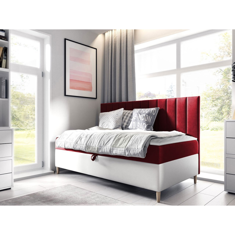Kontinentální jednolůžková postel 100x200 ROCIO 2 - bílá ekokůže / červená + topper ZDARMA