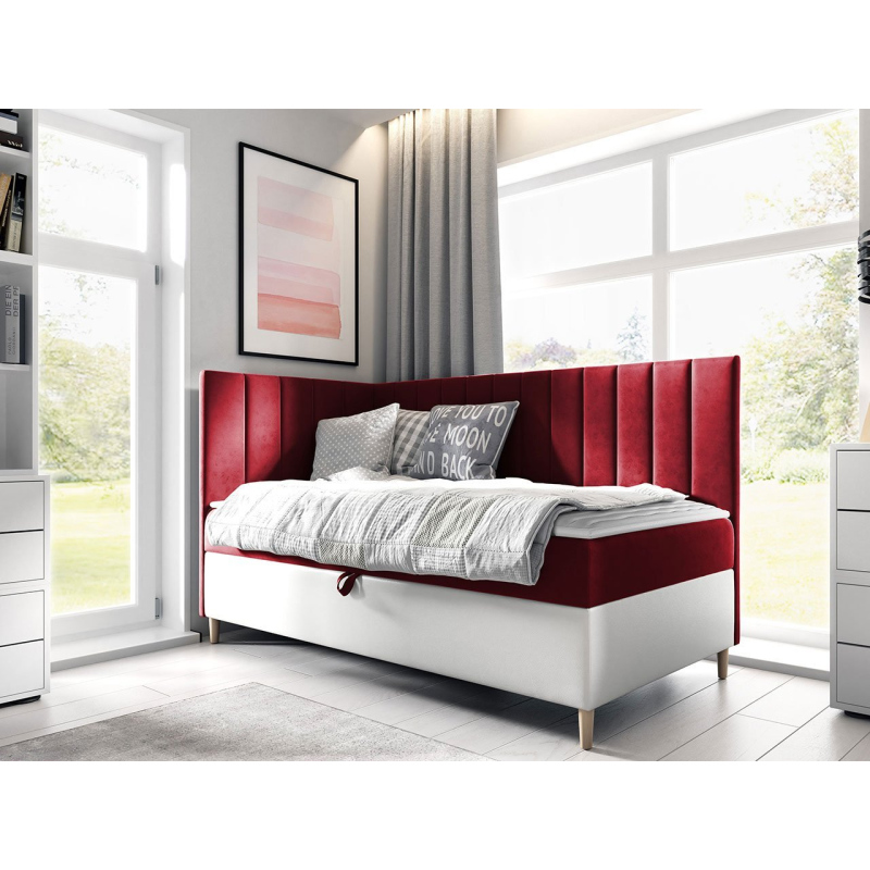 Boxspringová jednolůžková postel 80x200 ROCIO 3 - bílá ekokůže / červená, levé provedení + topper ZDARMA