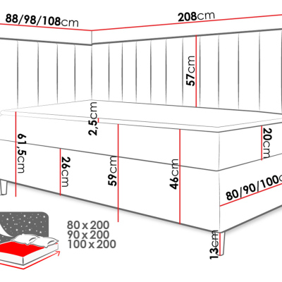 Boxspringová jednolůžková postel 100x200 ROCIO 3 - bílá ekokůže / khaki, levé provedení  + topper ZDARMA