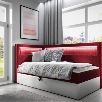 Kontinentální jednolůžková postel 90x200 RAMIRA 3 - bílá ekokůže / červená, levé provedení + topper ZDARMA