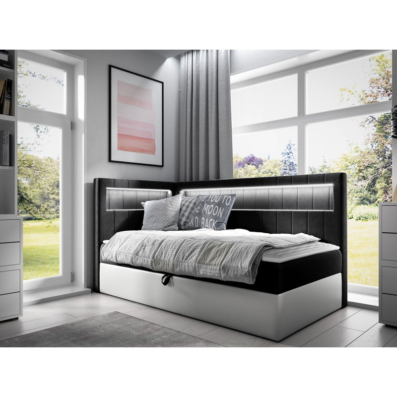Kontinentální jednolůžková postel 90x200 RAMIRA 3 - bílá ekokůže / černá, levé provedení + topper ZDARMA