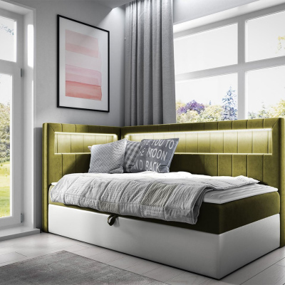 Kontinentální jednolůžková postel 90x200 RAMIRA 3 - bílá ekokůže / khaki, levé provedení + topper ZDARMA