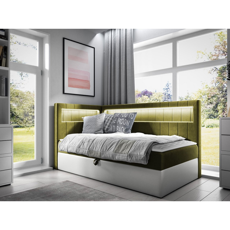 Kontinentální jednolůžková postel 90x200 RAMIRA 3 - bílá ekokůže / khaki, levé provedení + topper ZDARMA