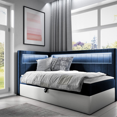 Kontinentální jednolůžková postel 90x200 RAMIRA 3 - bílá ekokůže / modrá 1, levé provedení + topper ZDARMA