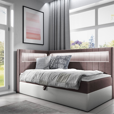 Kontinentální jednolůžková postel 80x200 RAMIRA 3 - bílá ekokůže / hnědá 2, levé provedení + topper ZDARMA