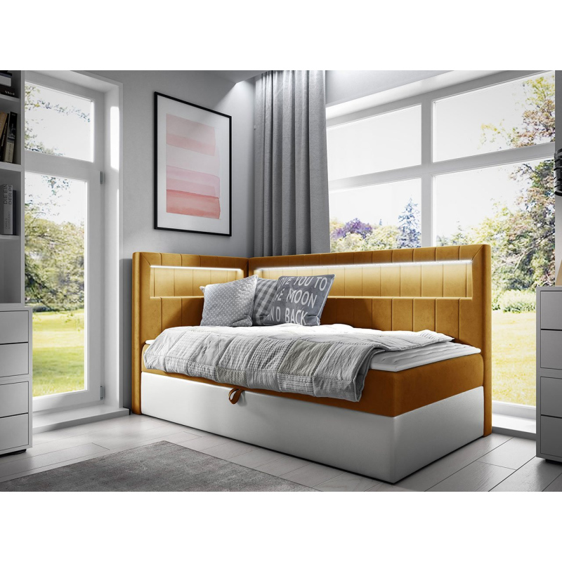 Kontinentální jednolůžková postel 80x200 RAMIRA 3 - bílá ekokůže / žlutá, levé provedení + topper ZDARMA