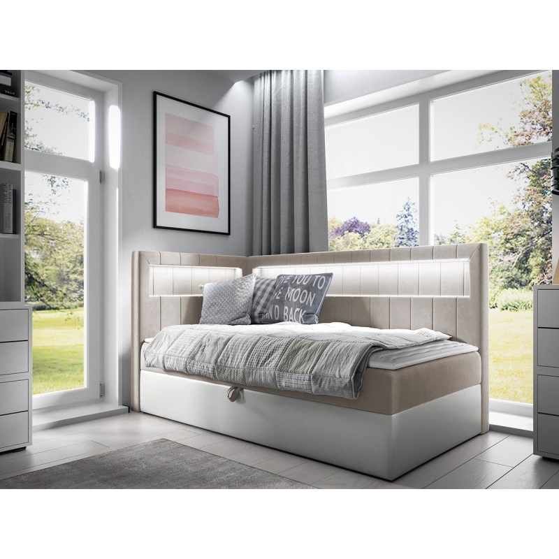 Kontinentální jednolůžková postel 80x200 RAMIRA 3 - bílá ekokůže / béžová, levé provedení + topper ZDARMA