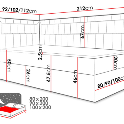 Kontinentální jednolůžková postel 100x200 RAMIRA 3 - bílá ekokůže / červená, levé provedení + topper ZDARMA