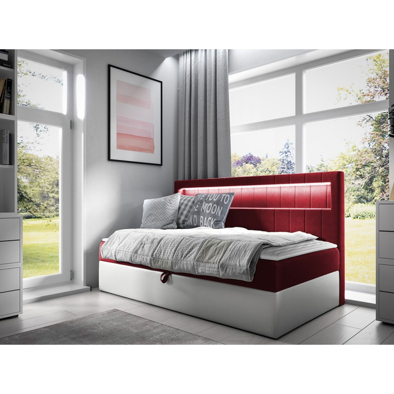 Boxspringová jednolůžková postel 90x200 RAMIRA 2 - bílá ekokůže / červená + topper ZDARMA