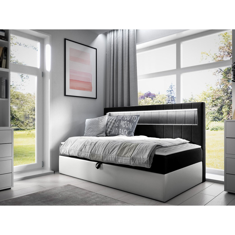 Boxspringová jednolůžková postel 90x200 RAMIRA 2 - bílá ekokůže / černá + topper ZDARMA