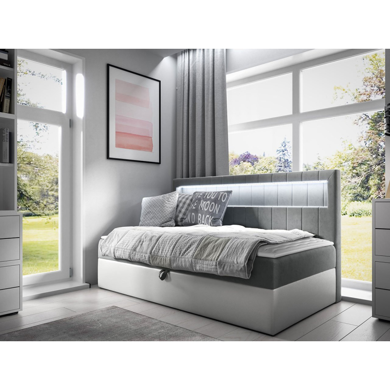Boxspringová jednolůžková postel 90x200 RAMIRA 2 - bílá ekokůže / šedá + topper ZDARMA