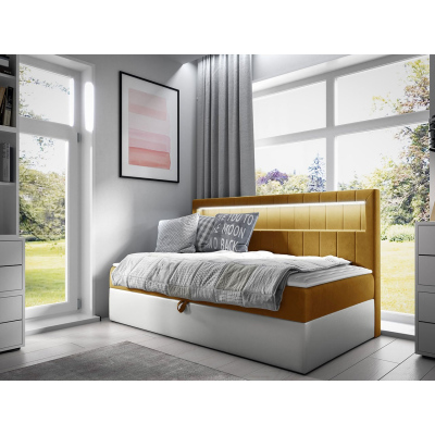 Boxspringová jednolůžková postel 100x200 RAMIRA 2 - bílá ekokůže / žlutá + topper ZDARMA
