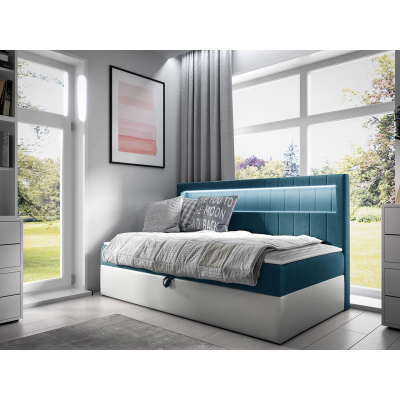 Boxspringová jednolůžková postel 100x200 RAMIRA 2 - bílá ekokůže / modrá 2 + topper ZDARMA