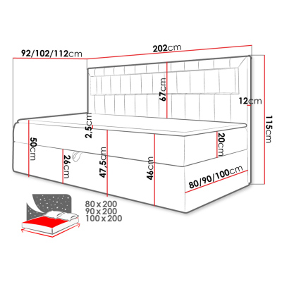 Boxspringová jednolůžková postel 100x200 RAMIRA 2 - bílá ekokůže / červená + topper ZDARMA