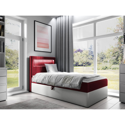 Kontinentální jednolůžková postel 90x200 RAMIRA 1 - bílá ekokůže / červená, levé provedení + topper ZDARMA