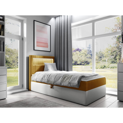 Kontinentální jednolůžková postel 90x200 RAMIRA 1 - bílá ekokůže / žlutá, levé provedení + topper ZDARMA