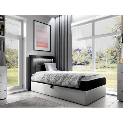 Kontinentální jednolůžková postel 90x200 RAMIRA 1 - bílá ekokůže / černá, levé provedení + topper ZDARMA