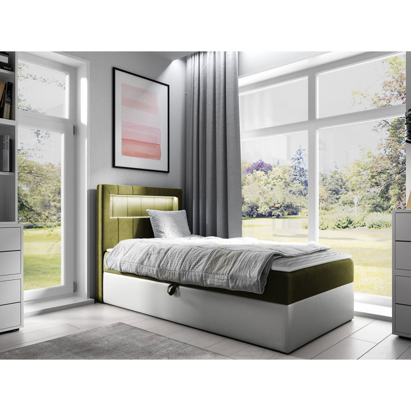 Kontinentální jednolůžková postel 90x200 RAMIRA 1 - bílá ekokůže / khaki, levé provedení + topper ZDARMA