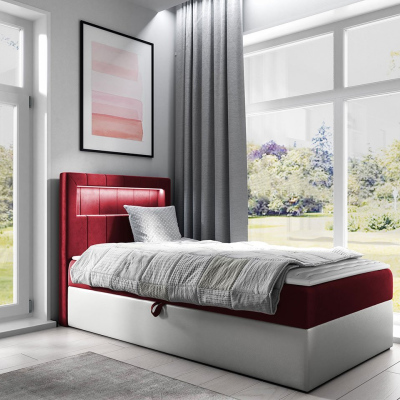 Kontinentální jednolůžková postel 80x200 RAMIRA 1 - bílá ekokůže / červená, levé provedení + topper ZDARMA