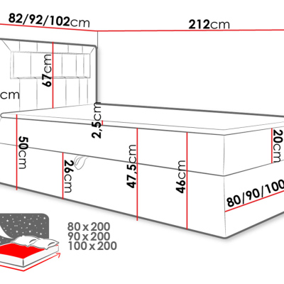 Kontinentální jednolůžková postel 80x200 RAMIRA 1 - bílá ekokůže / černá, levé provedení + topper ZDARMA