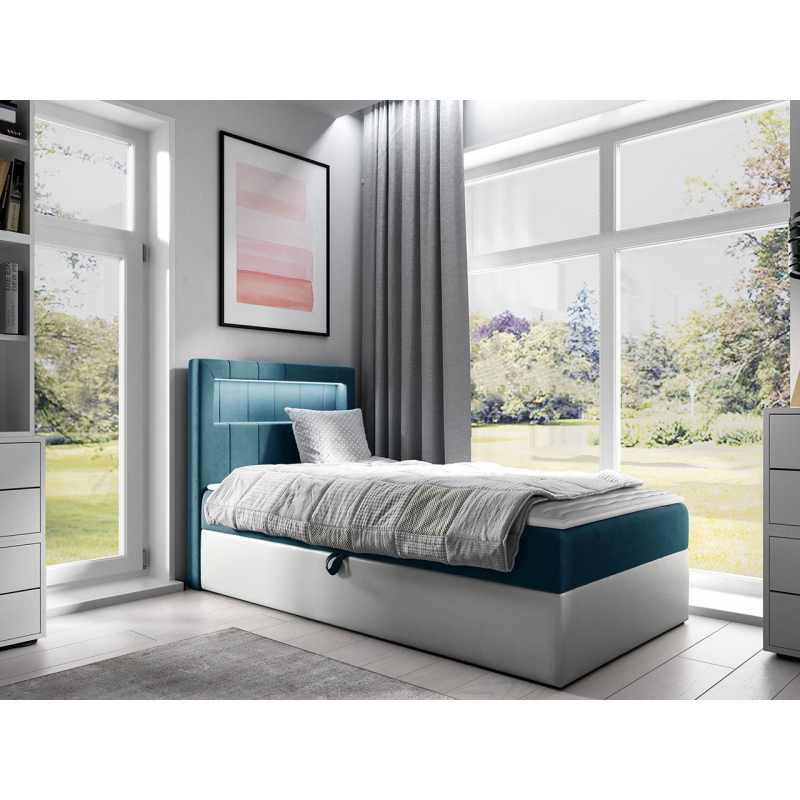 Kontinentální jednolůžková postel 100x200 RAMIRA 1 - bílá ekokůže / modrá 2, levé provedení + topper ZDARMA